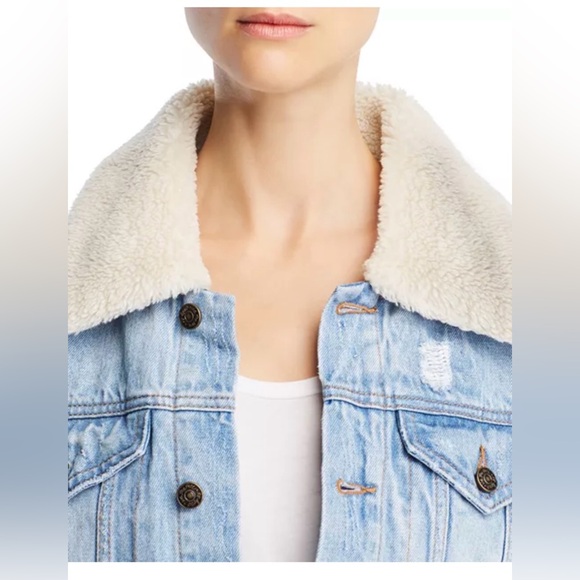 Free People Sherpa Fleece Collar Denim Jacket Plaid Lining - Picture 6 of 9